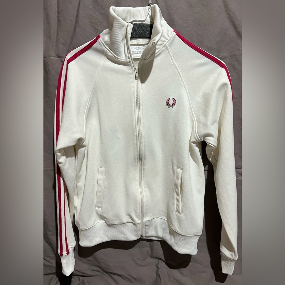 Fred Perry White Bomber Jacket with Red Stripes